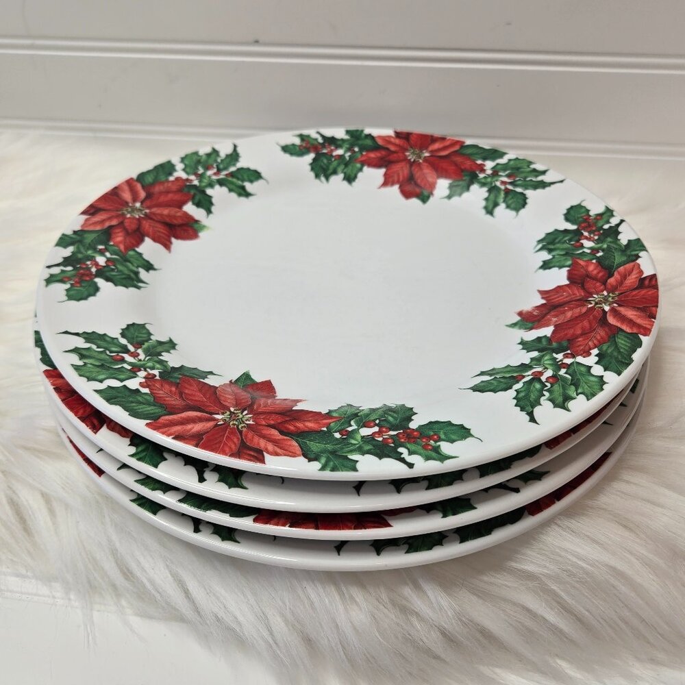 VTG (4) Hallmark Poinsettia Dinner Plates Set of 10-1/2" Holly Berry Christmas